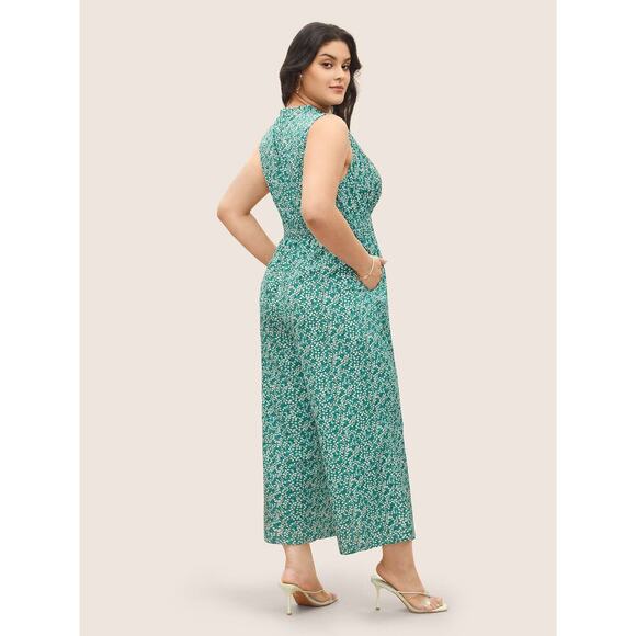 🔥SALE 1X 14 16 Plus Size Green BloomChic Jumpsuit Mock Neck Floral zipper Pocket - Picture 3 of 8